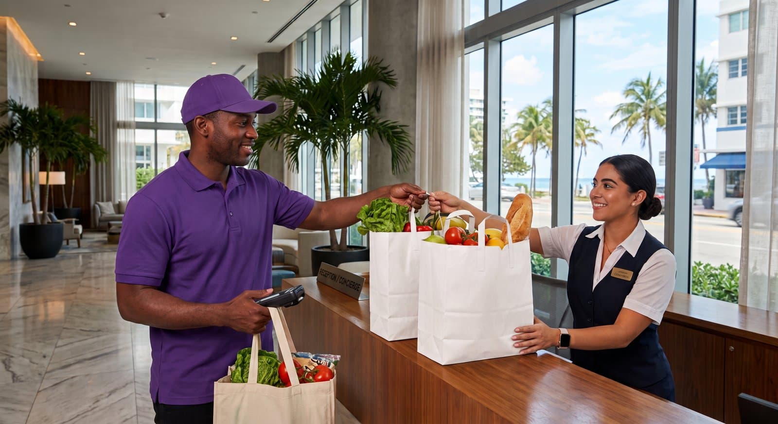 A delivery driver handing grocery bags to a concierge at a Miami Beach hotel front desk