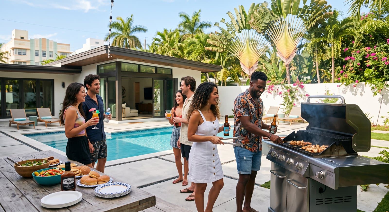 Friends grilling and sharing drinks by the pool at a Miami vacation rental