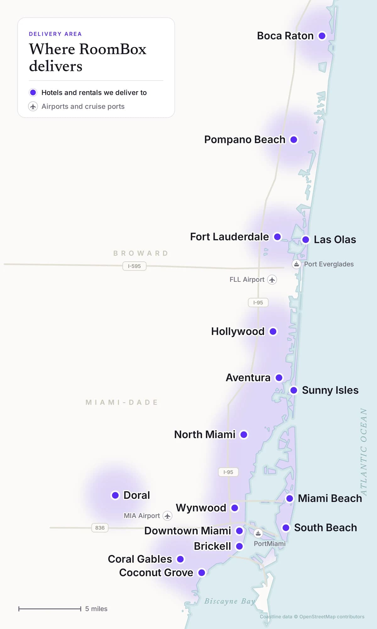 Map of RoomBox delivery areas from Miami to Boca Raton, including Miami Beach, Brickell, North Miami, Fort Lauderdale and Pompano Beach