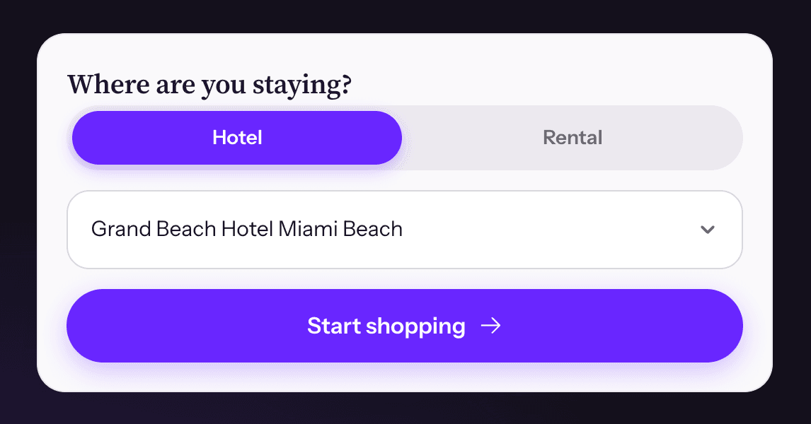 Step 1: the RoomBox "Where are you staying?" selector with Hotel and Rental options