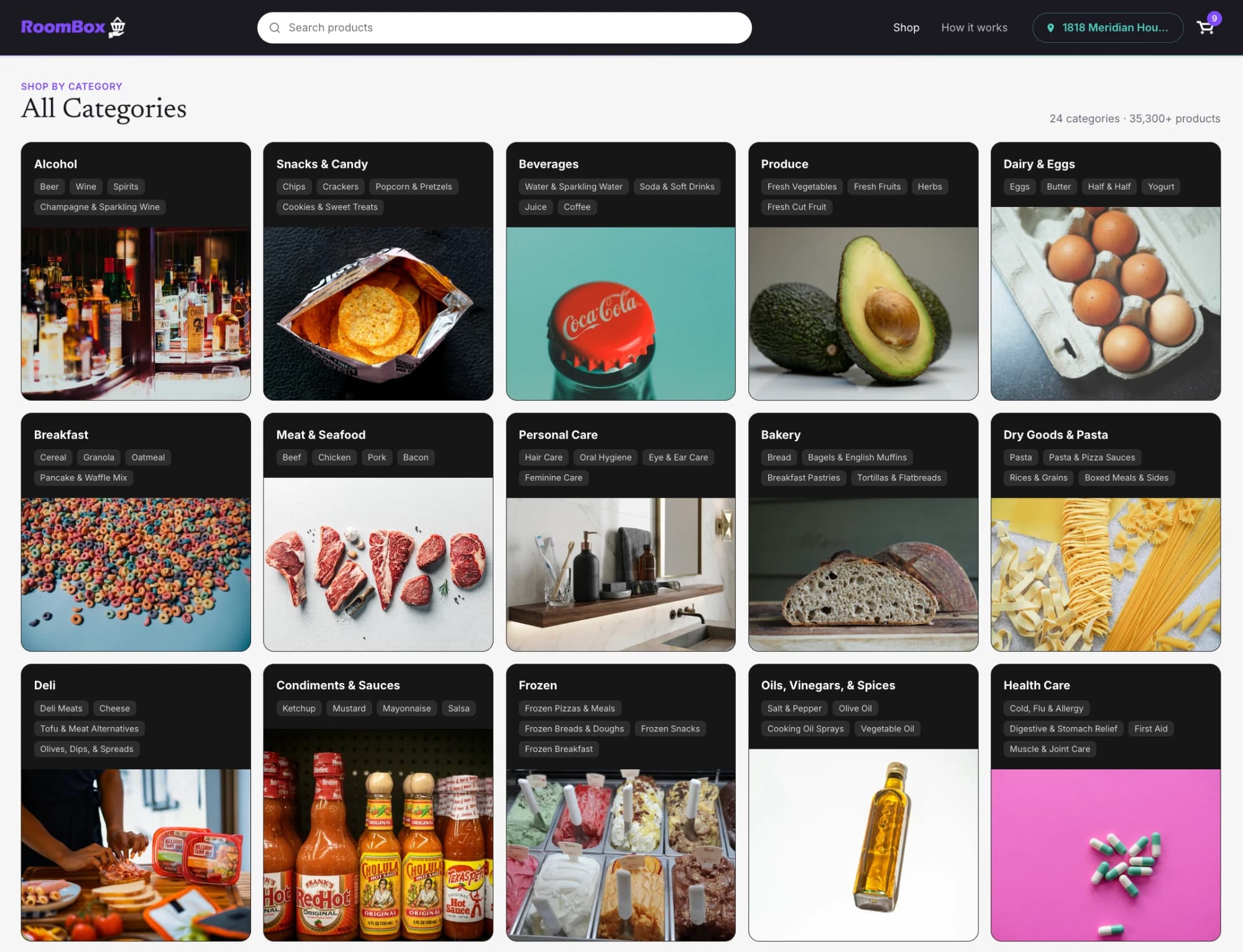 Step 2: RoomBox shop categories including alcohol, snacks, beverages, produce, dairy, breakfast and personal care