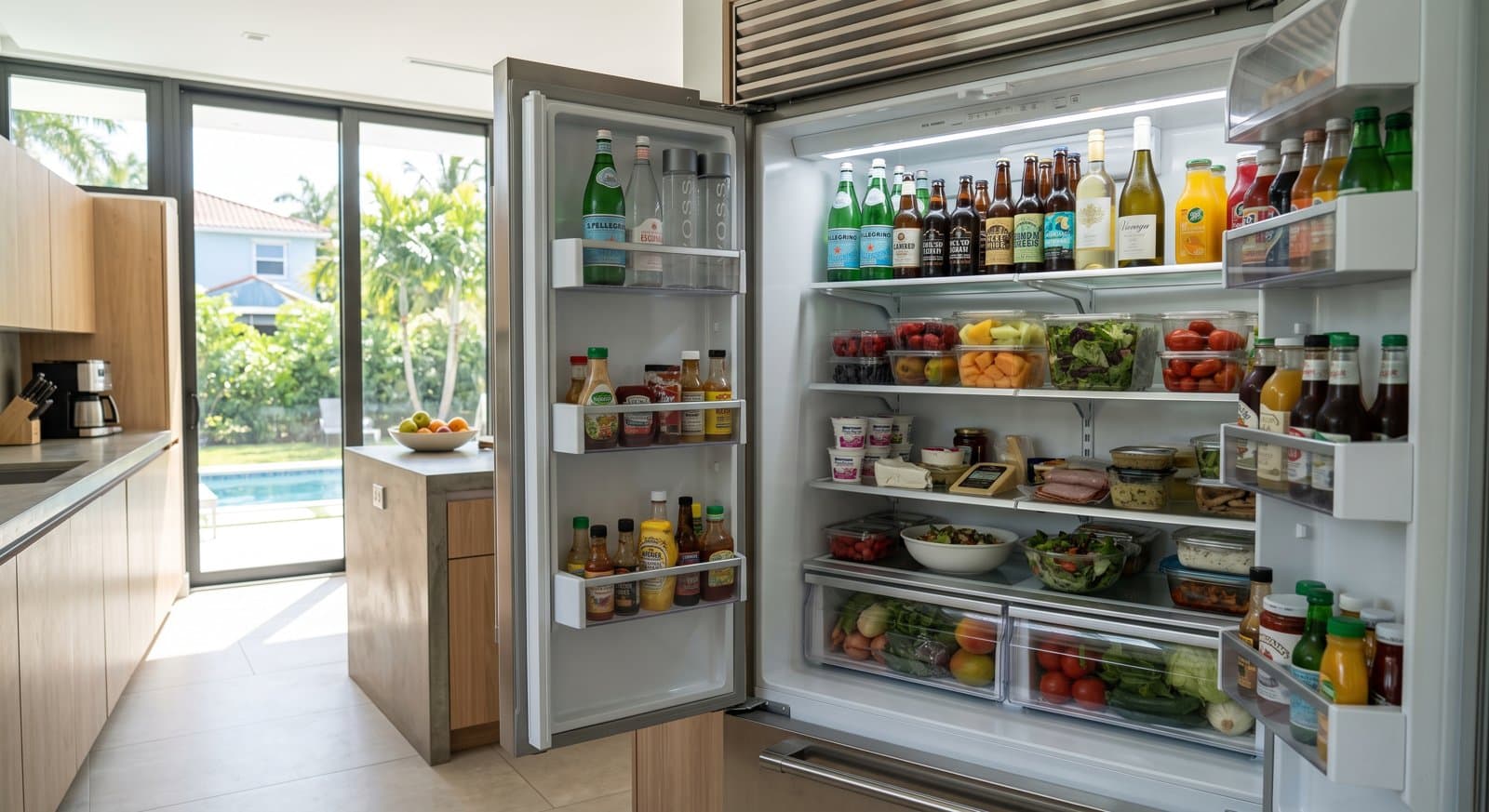 A fully stocked fridge in a Miami vacation rental kitchen, with drinks, fresh produce and prepared food