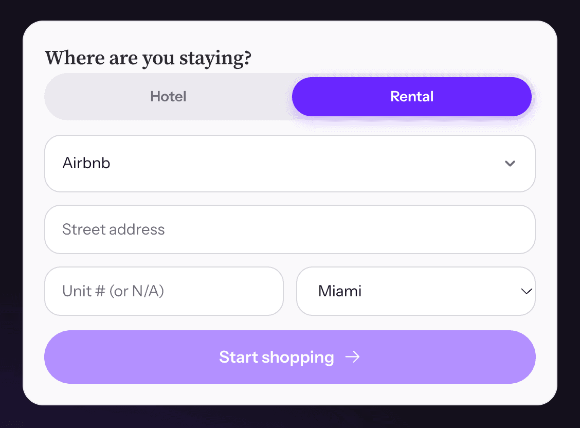 The RoomBox "Where are you staying?" form with Rental selected, Airbnb chosen as the host, and fields for the street address, unit number and city