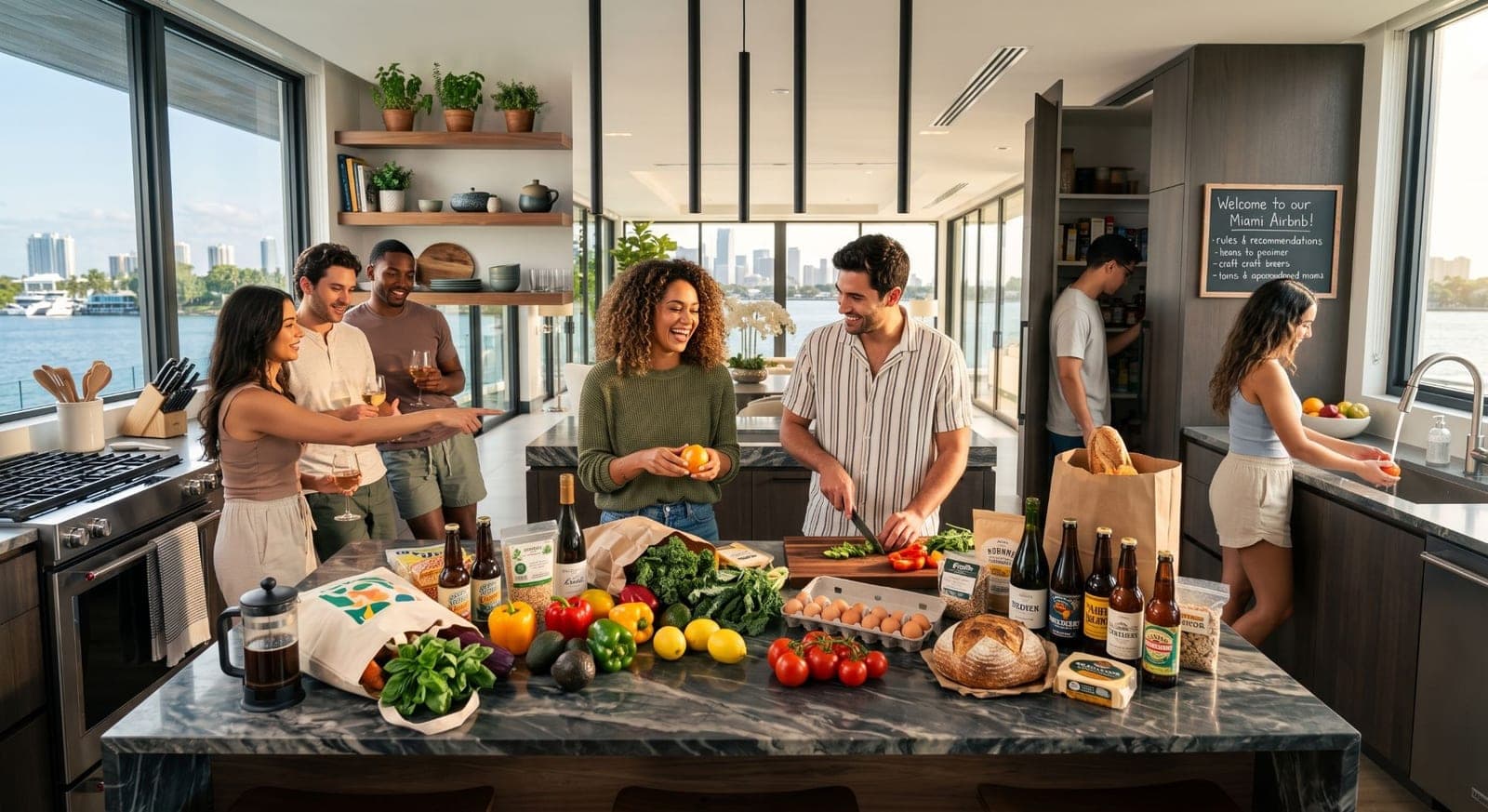 A group of friends unpacking groceries and drinks in the kitchen of a waterfront Miami vacation rental