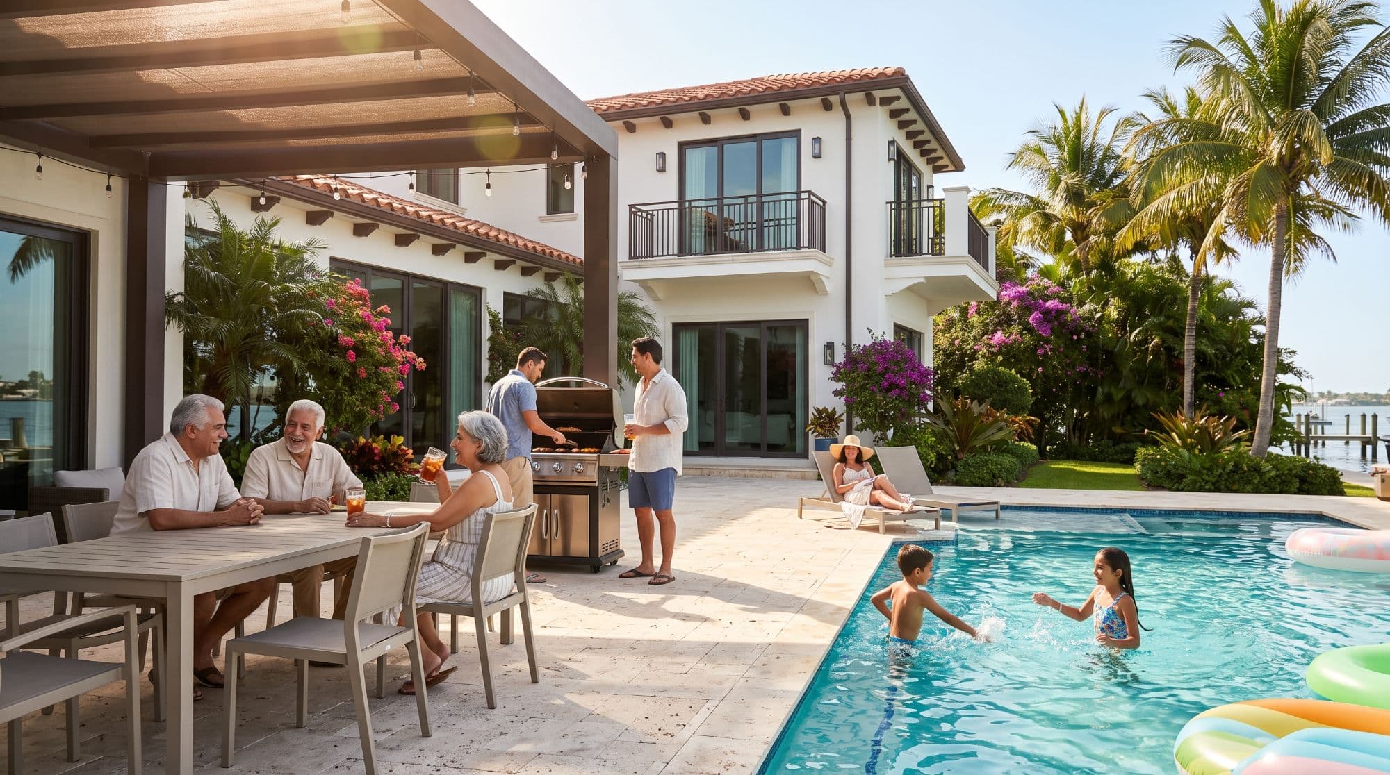 A family gathered behind a white Miami waterfront villa, grandparents at the patio table with iced drinks, two men at the grill, a woman on a lounger and two kids splashing in the pool, with palms and the bay beyond