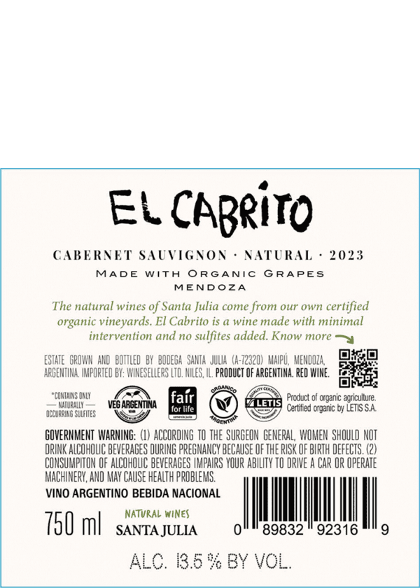 Santa Julia El Cabrito ""Natural"" Cabernet Sauvignon - Image 2